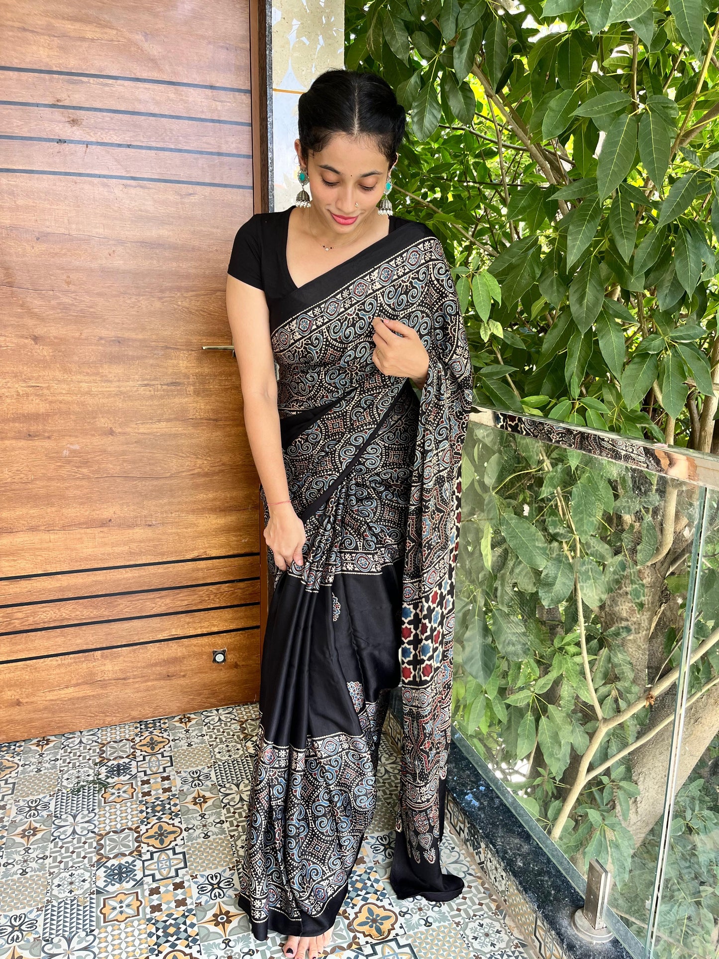 Pure modal silk ajrak handblock saree- black2