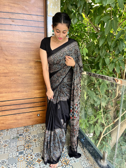 Pure modal silk ajrak handblock saree- black2