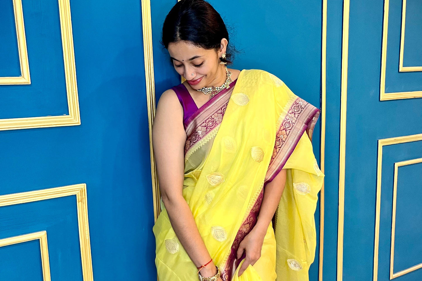 Organza Khaddi banarasi saree -lemon yellow