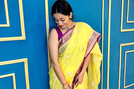 Organza Khaddi banarasi saree -lemon yellow