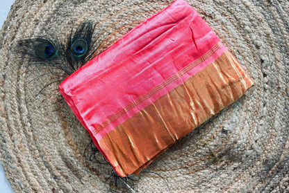Coral pink pure modal silk saree