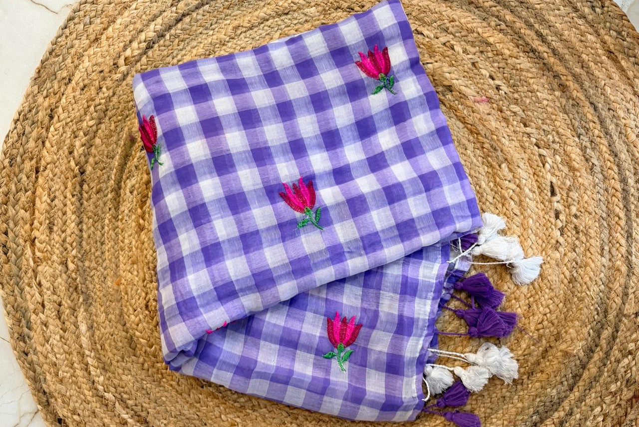 Checkmate-Gingham lavender embroidery saree