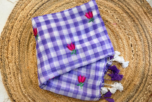 Checkmate-Gingham lavender embroidery saree