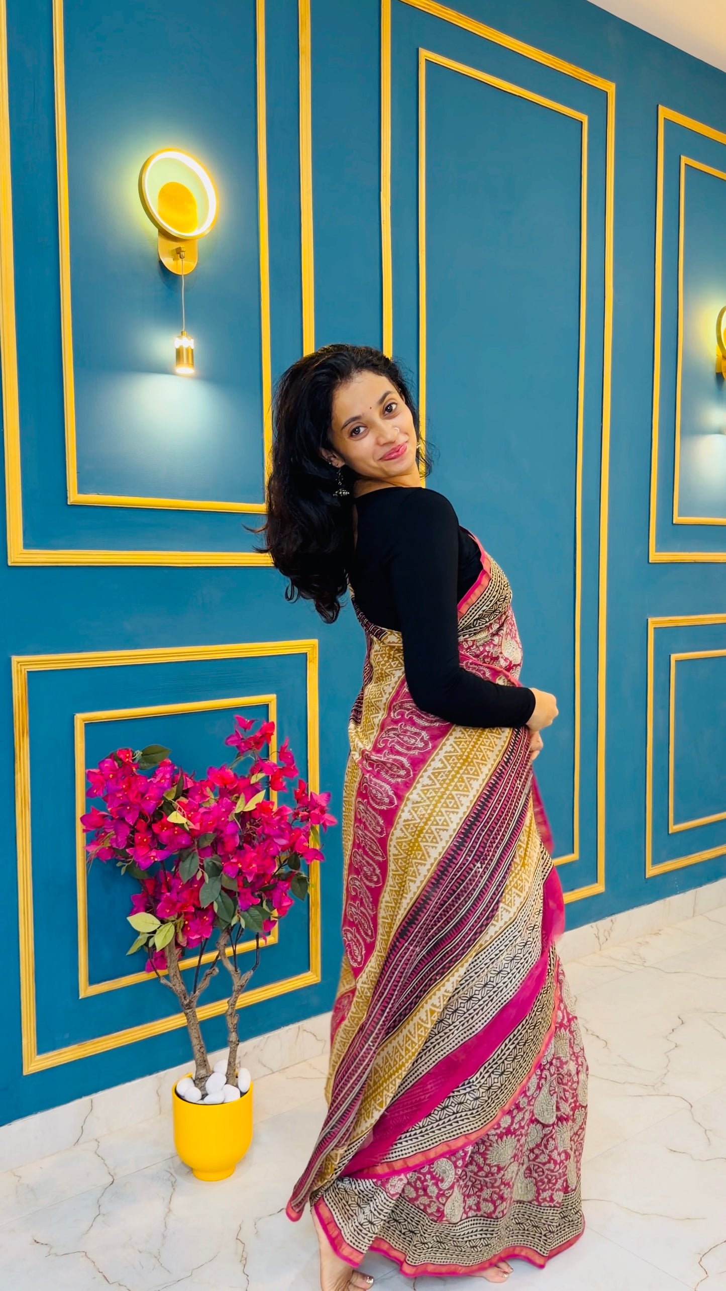 Chanderi silk with floral  handblock print- Pink