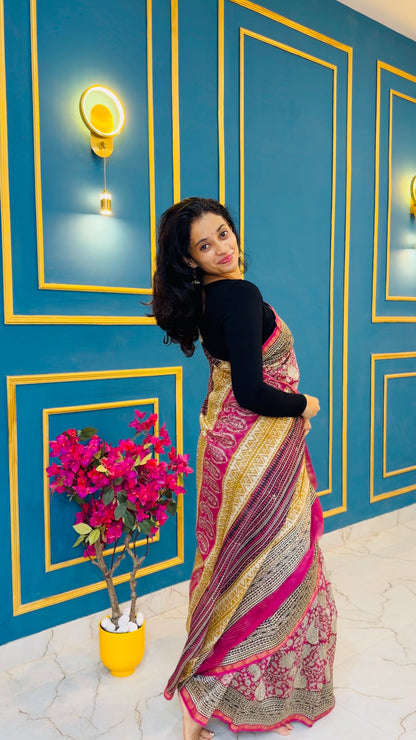 Chanderi silk with floral  handblock print- Pink