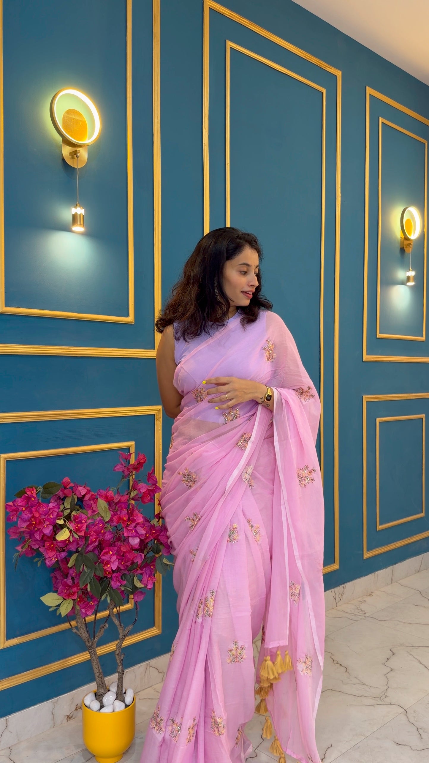 Pink- Pure Mul hand embroidery Saree