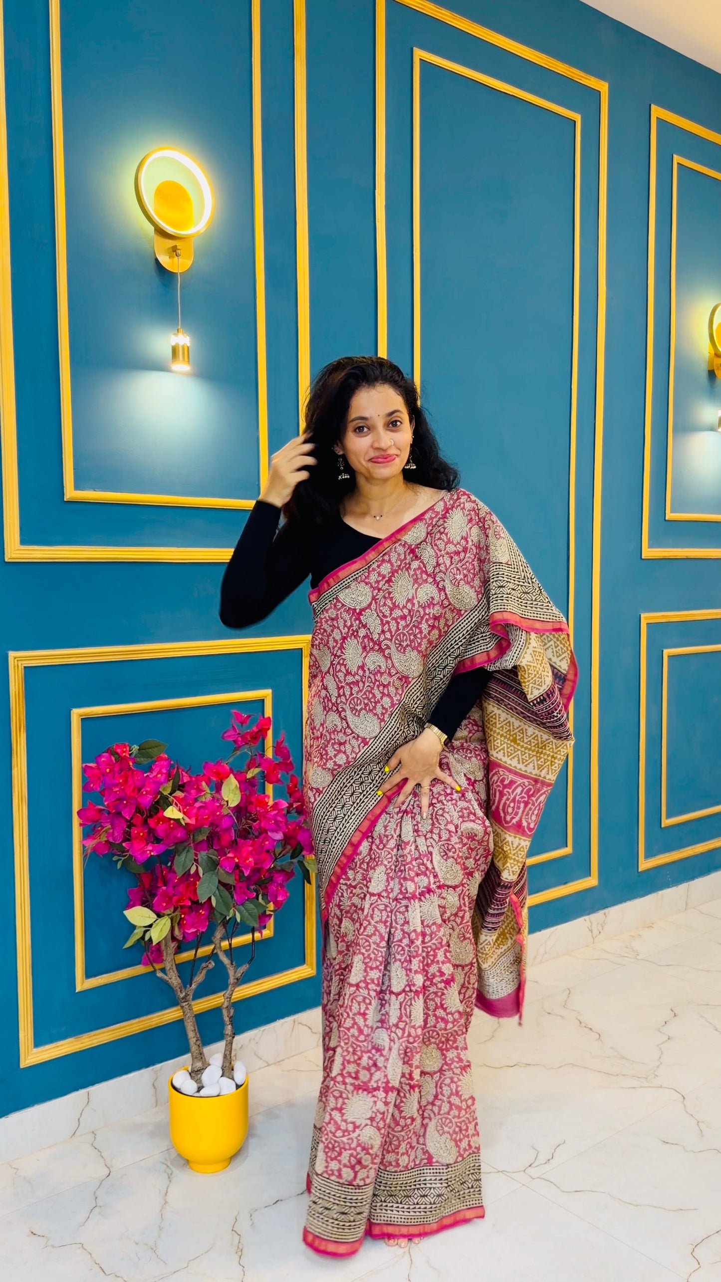 Chanderi silk with floral  handblock print- Pink