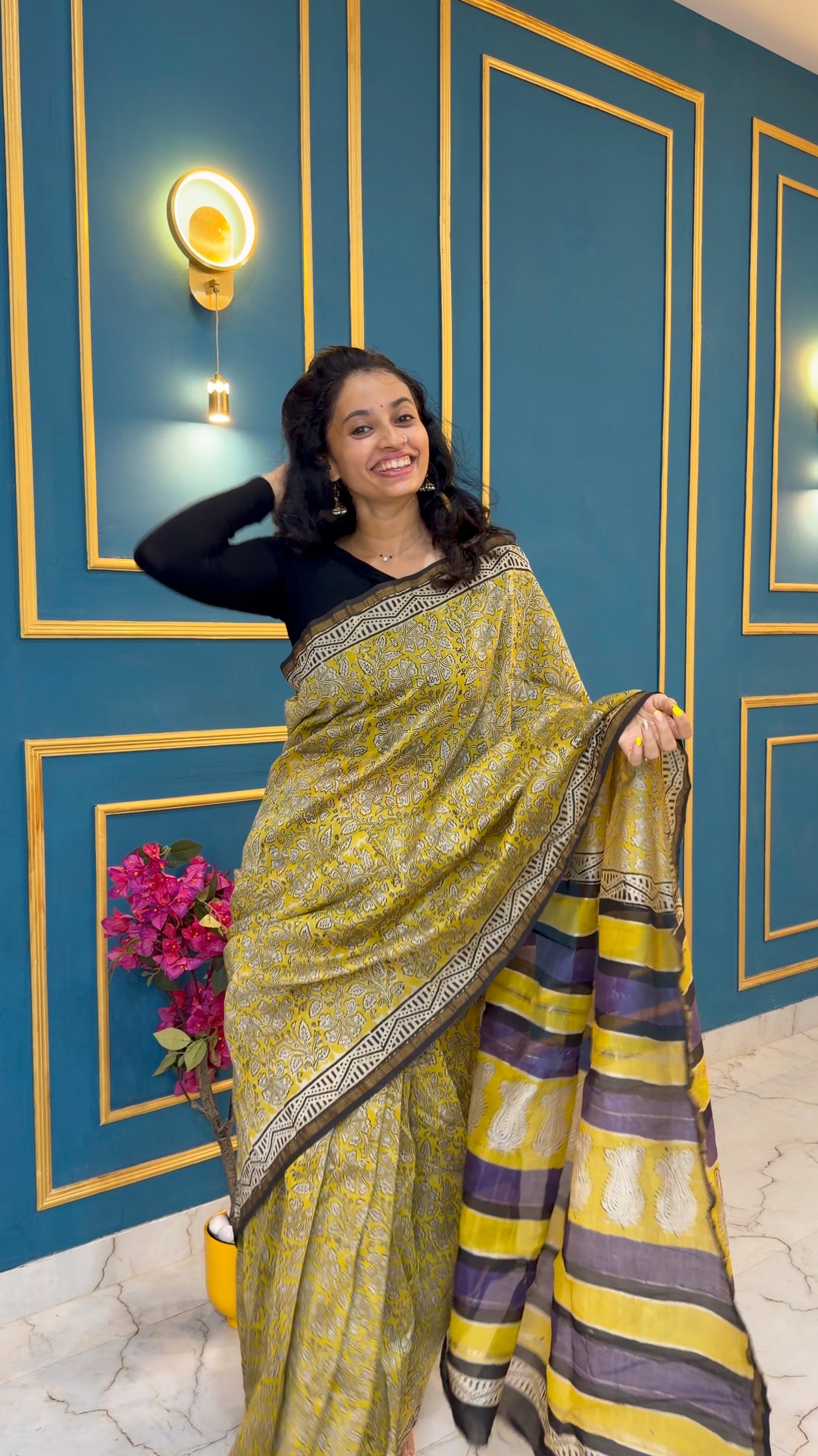 Chanderi silk cotton with floral  handblock print- yellow