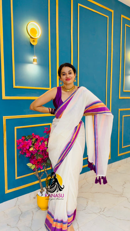 Onam- Off white pure mul cotton with multicolor border