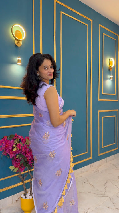 Lilac - Pure Mul hand embroidery Saree