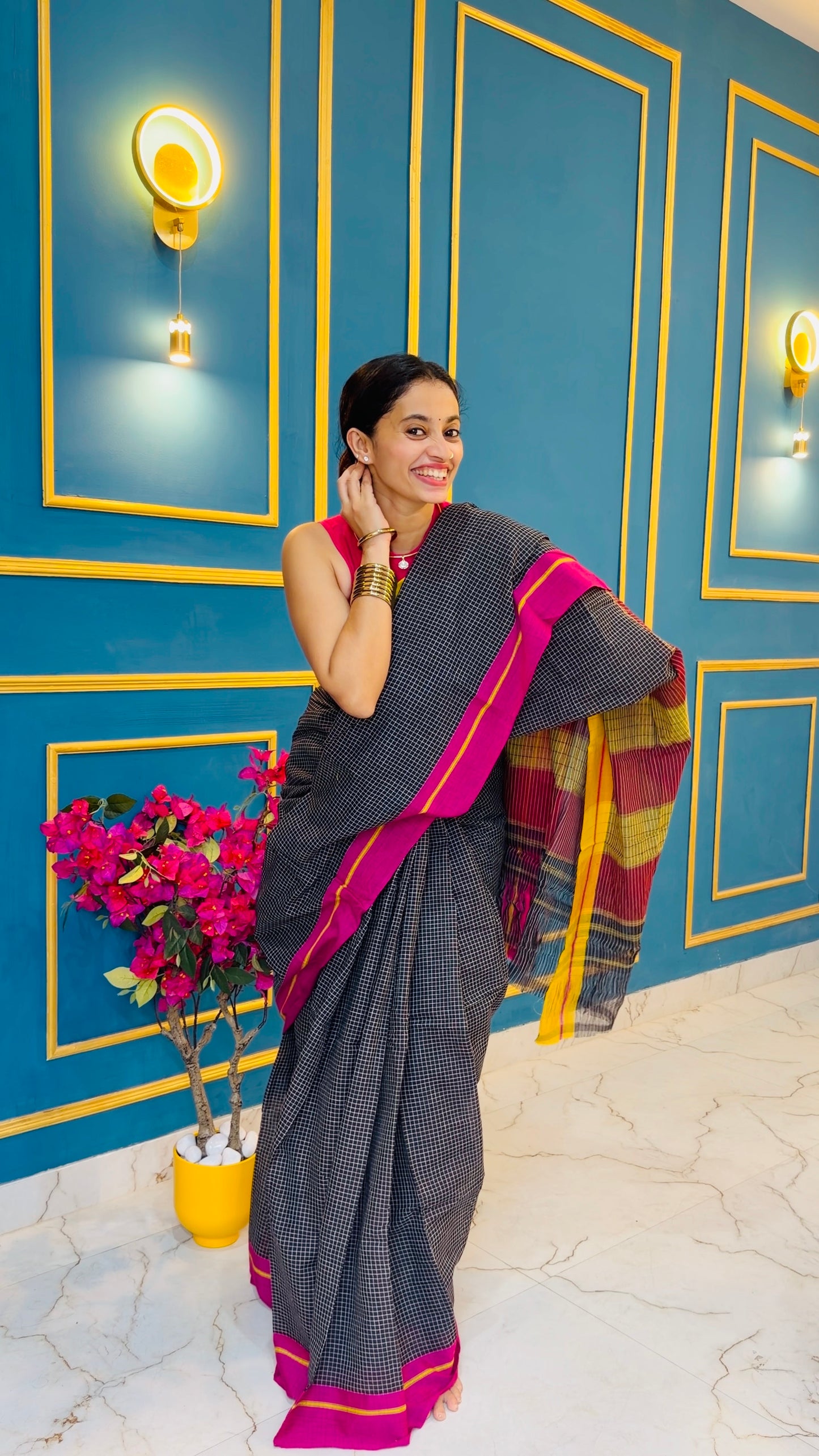 Ganga - Pure handloom patteda anchu pink and yellow