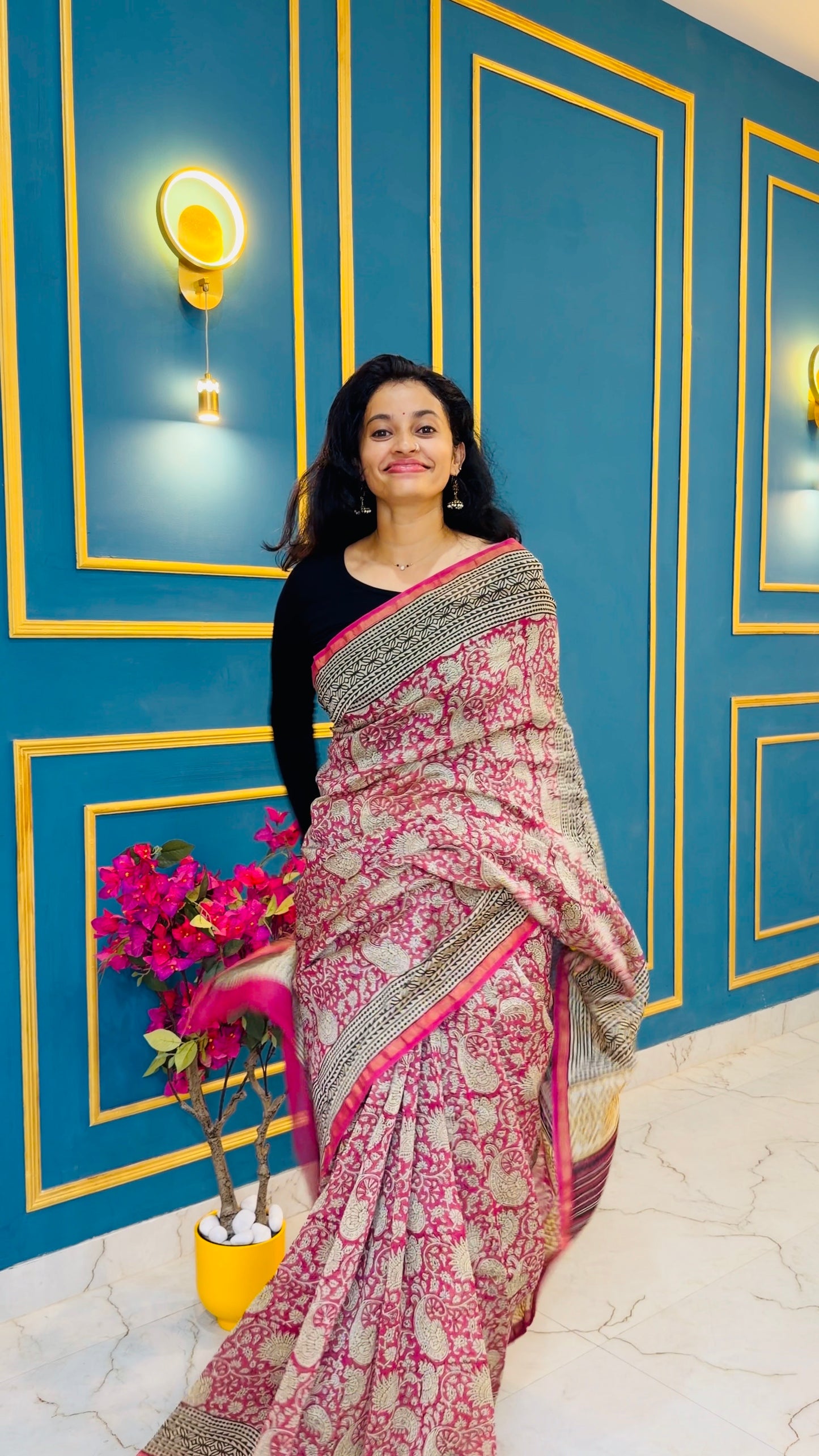 Chanderi silk with floral  handblock print- Pink