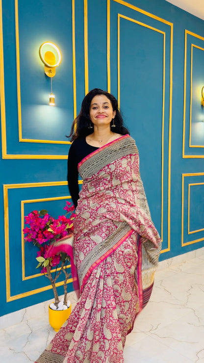 Chanderi silk with floral  handblock print- Pink