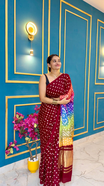 Chukki -Wine maroon Bandhani pure modal silk saree