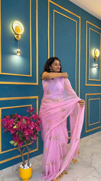 Pink- Pure Mul hand embroidery Saree