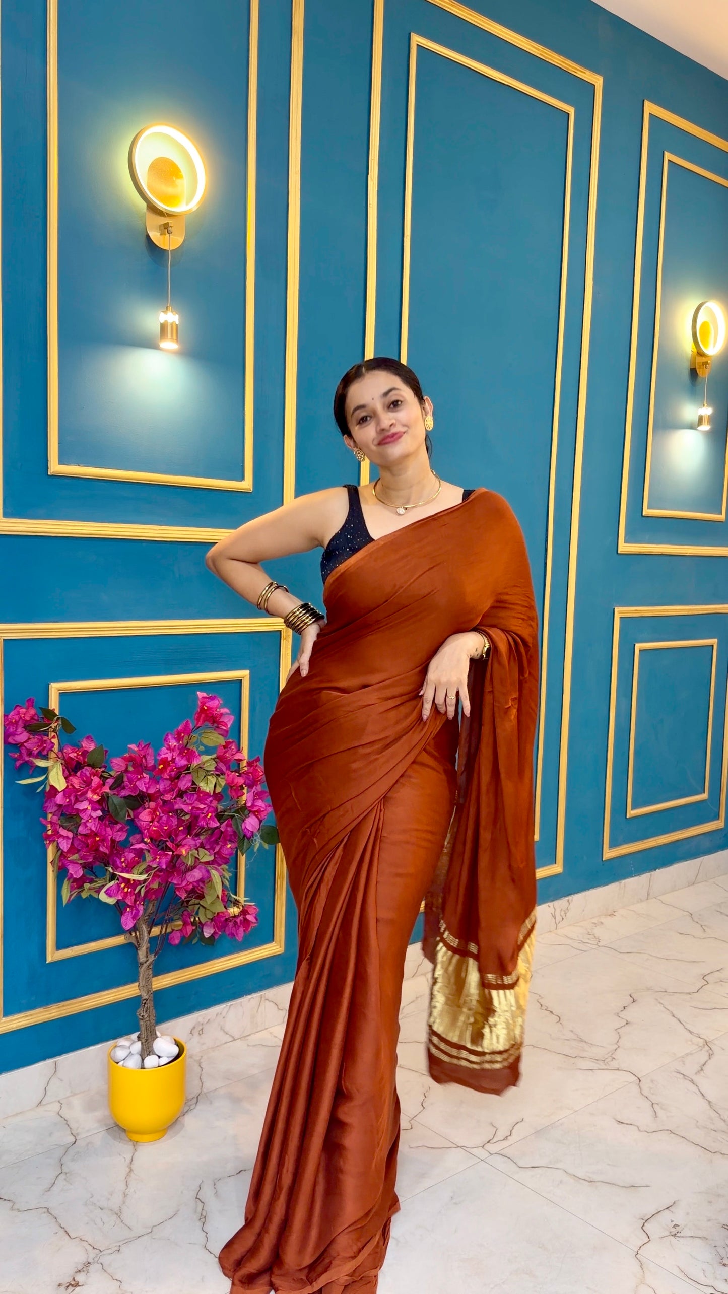 Rust brown pure modal silk saree