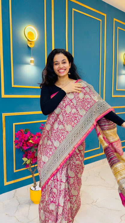 Chanderi silk with floral  handblock print- Pink