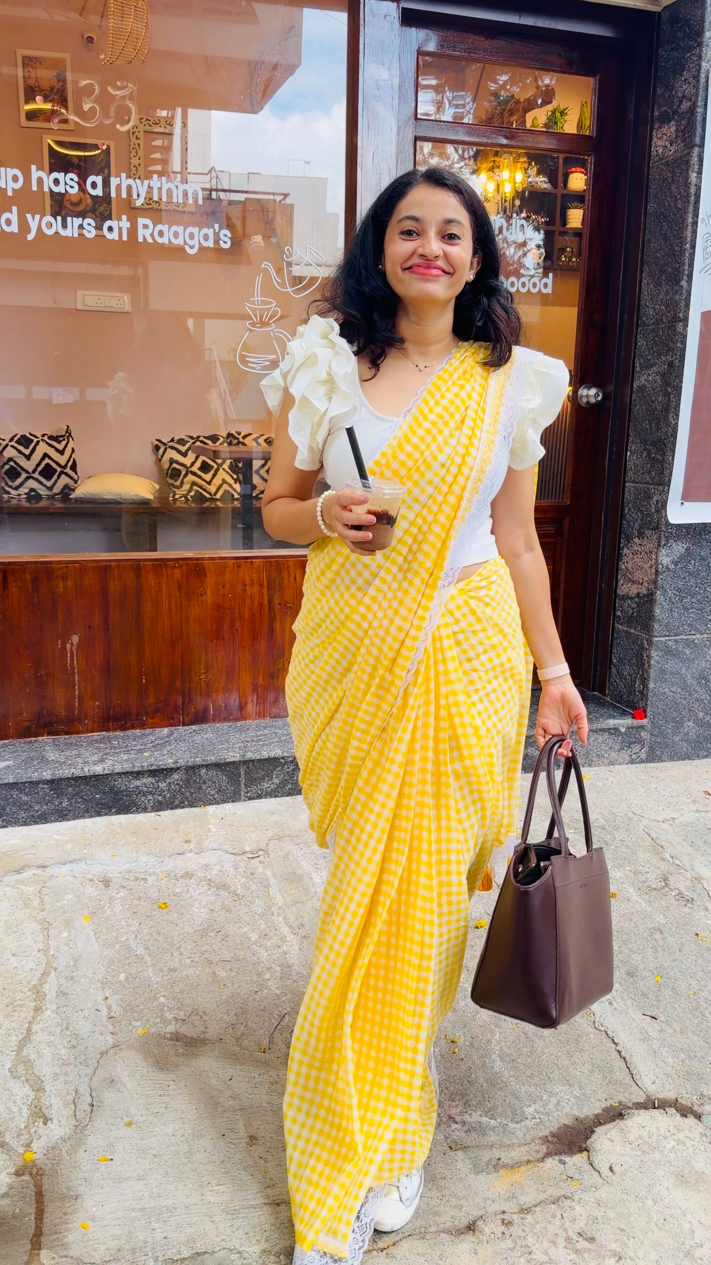 Checkmate-Gingham yellow sunshine lace saree