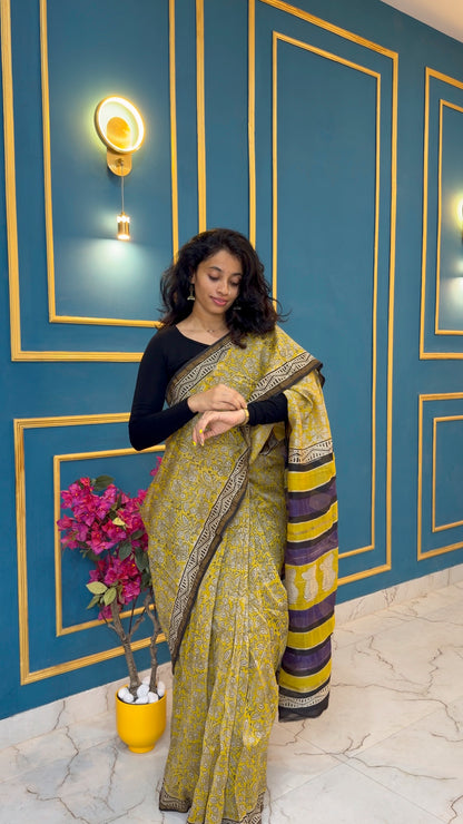 Chanderi silk cotton with floral  handblock print- yellow