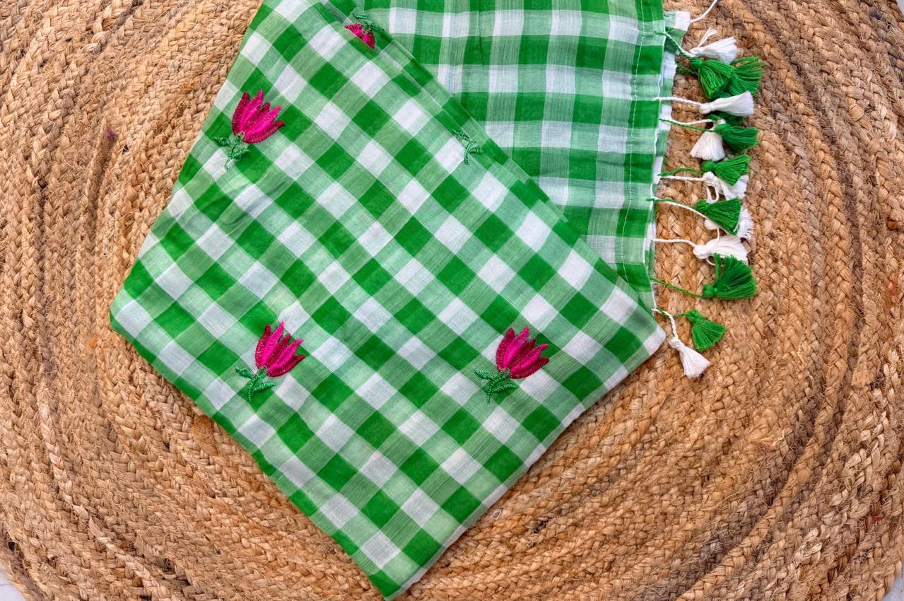 Checkmate-Gingham green embroidery saree