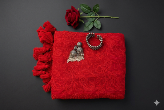 Red Rose- Pure Mul chikankari embroidery saree